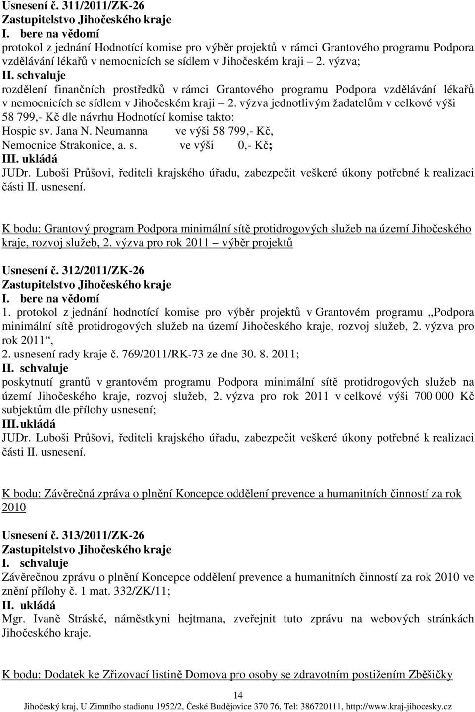 výzva jednotlivým žadatelům v celkové výši 58 799,- Kč dle návrhu Hodnotící komise takto: Hospic sv. Jana N. Neumanna ve výši 58 799,- Kč, Nemocnice Strakonice, a. s. ve výši 0,- Kč; JUDr.