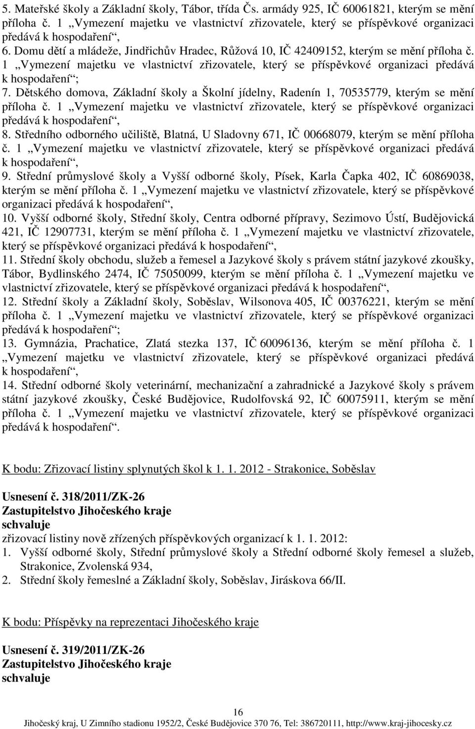 1 Vymezení majetku ve vlastnictví zřizovatele, který se příspěvkové organizaci předává k hospodaření ; 7.