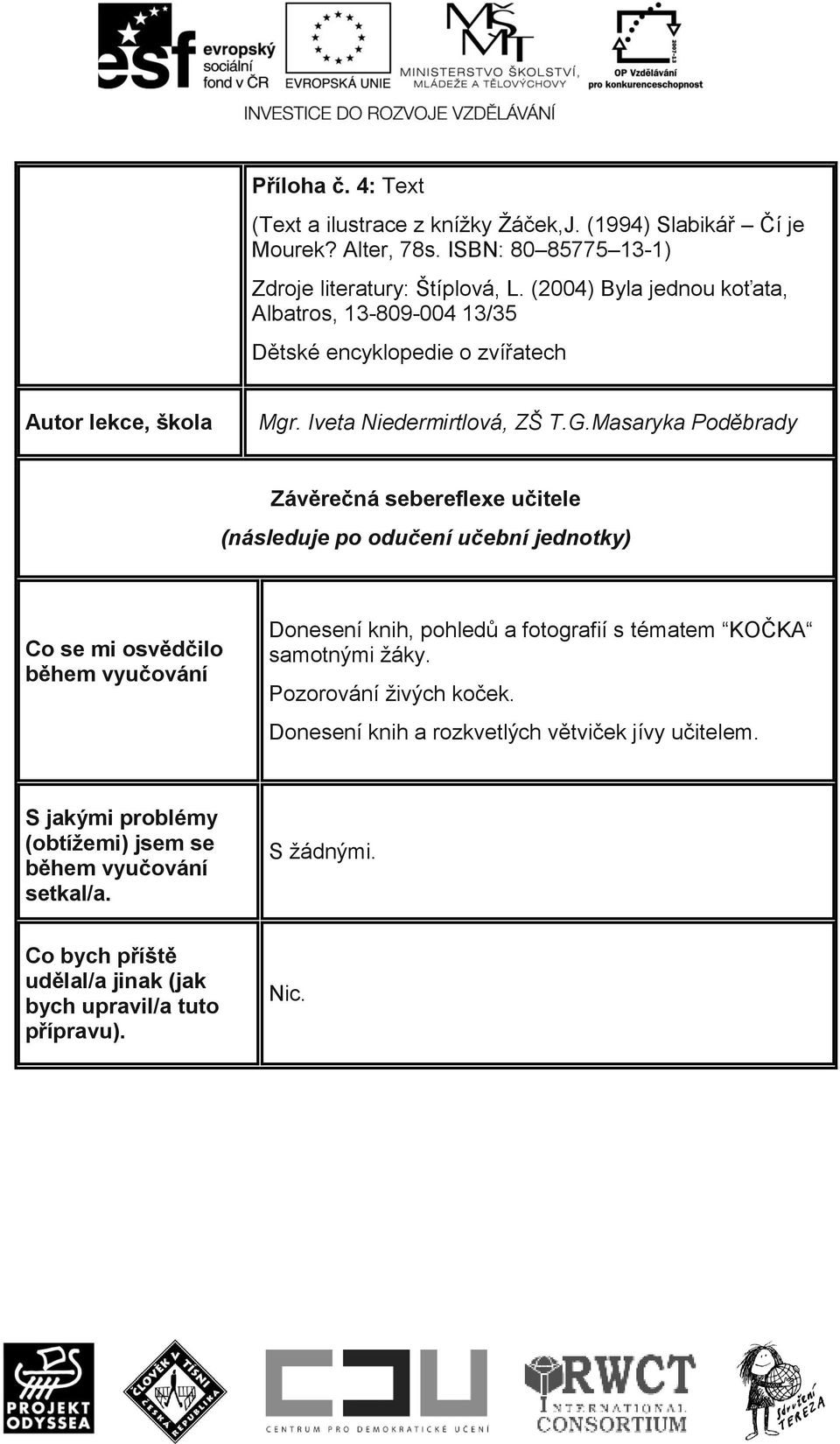 Masaryka Poděbrady Závěrečná sebereflexe učitele (následuje po odučení učební jednotky) Co se mi osvědčilo během vyučování Donesení knih, pohledů a fotografií s tématem KOČKA