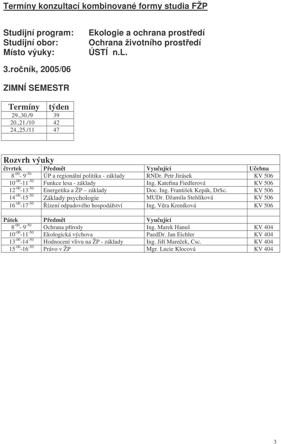 Kateina Fiedlerová KV 506 12-00 -13-50 Energetika a ŽP základy Doc. Ing. František Kepák, DrSc. KV 506 14-00 -15-50 Základy psychologie MUDr.