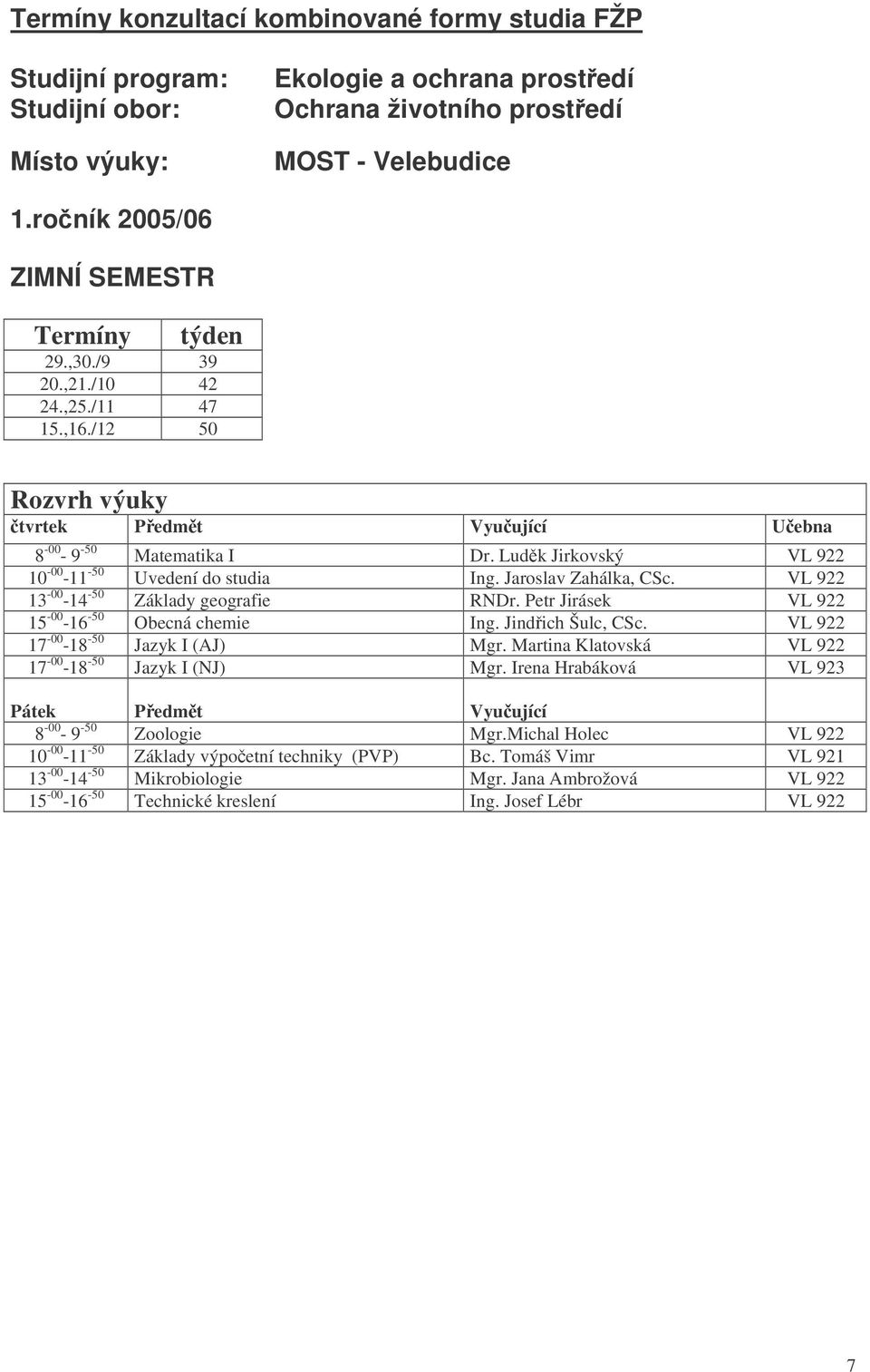 Petr Jirásek VL 922 15-00 -16-50 Obecná chemie Ing. Jindich Šulc, CSc. VL 922 17-00 -18-50 Jazyk I (AJ) Mgr. Martina Klatovská VL 922 17-00 -18-50 Jazyk I (NJ) Mgr.