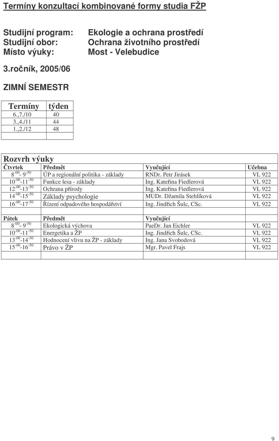 Kateina Fiedlerová VL 922 14-00 -15-50 Základy psychologie MUDr. Džamila Stehlíková VL 922 16-00 -17-50 ízení odpadového hospodáství Ing. Jindich Šulc, CSc.