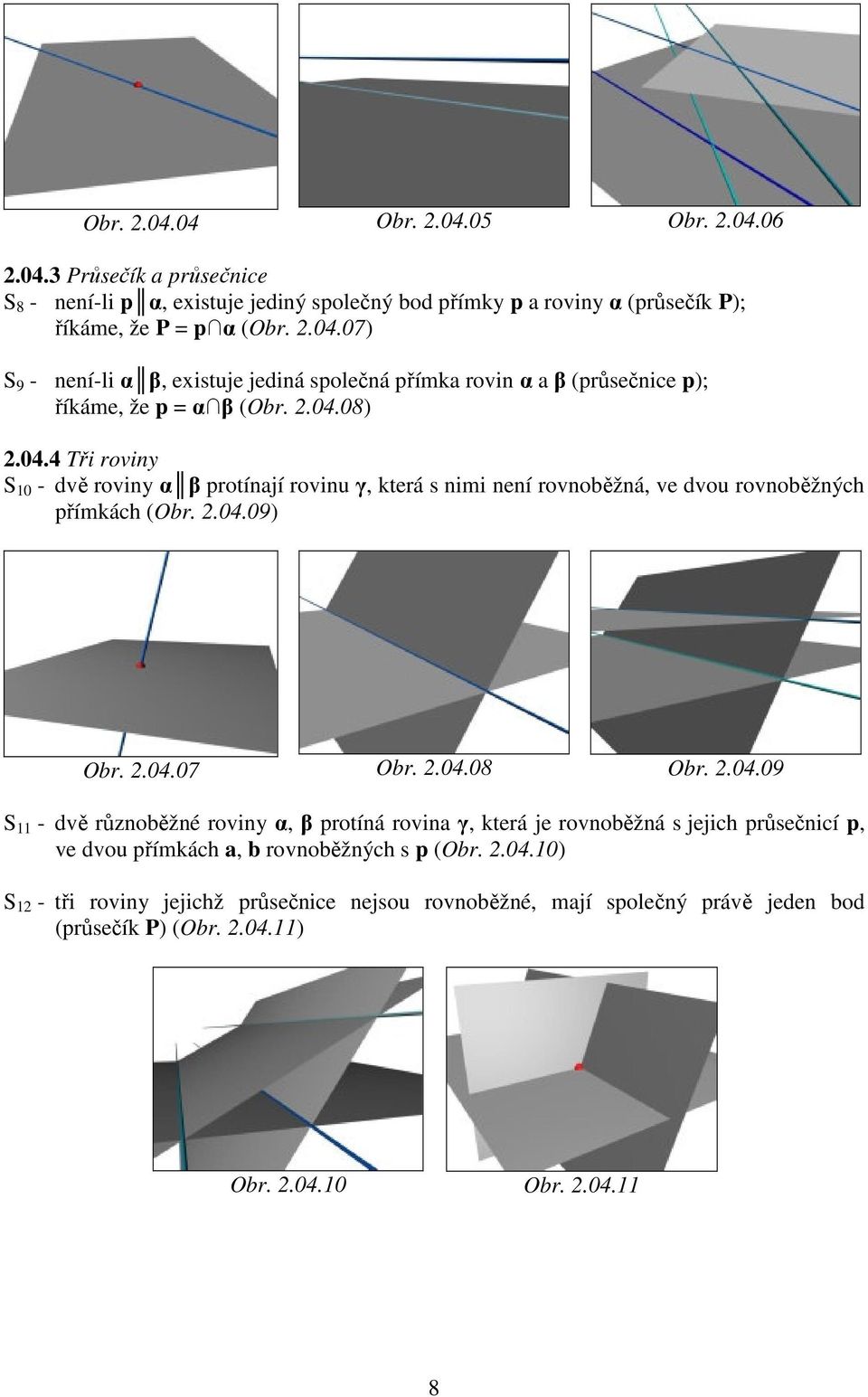 2.04.10) S 12 - tři roviny jejichž průsečnice nejsou rovnoběžné, mají společný právě jeden bod (průsečík P) (Obr. 2.04.11) Obr. 2.04.10 Obr. 2.04.11 8