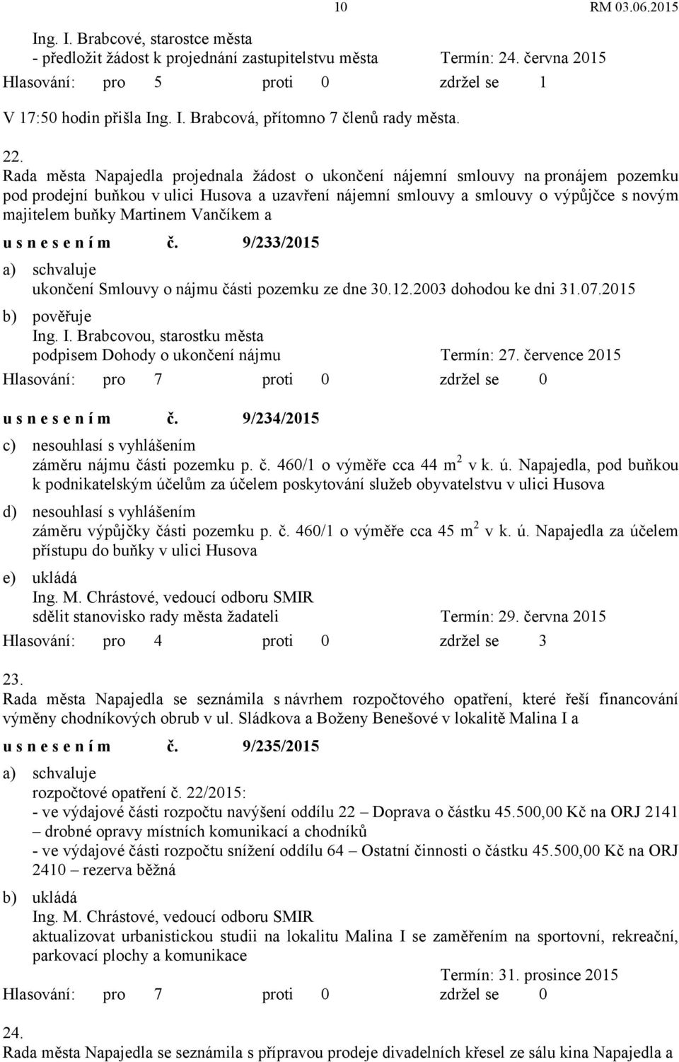 Martinem Vančíkem a usnesením č. 9/233/2015 ukončení Smlouvy o nájmu části pozemku ze dne 30.12.2003 dohodou ke dni 31.07.2015 b) pověřuje In