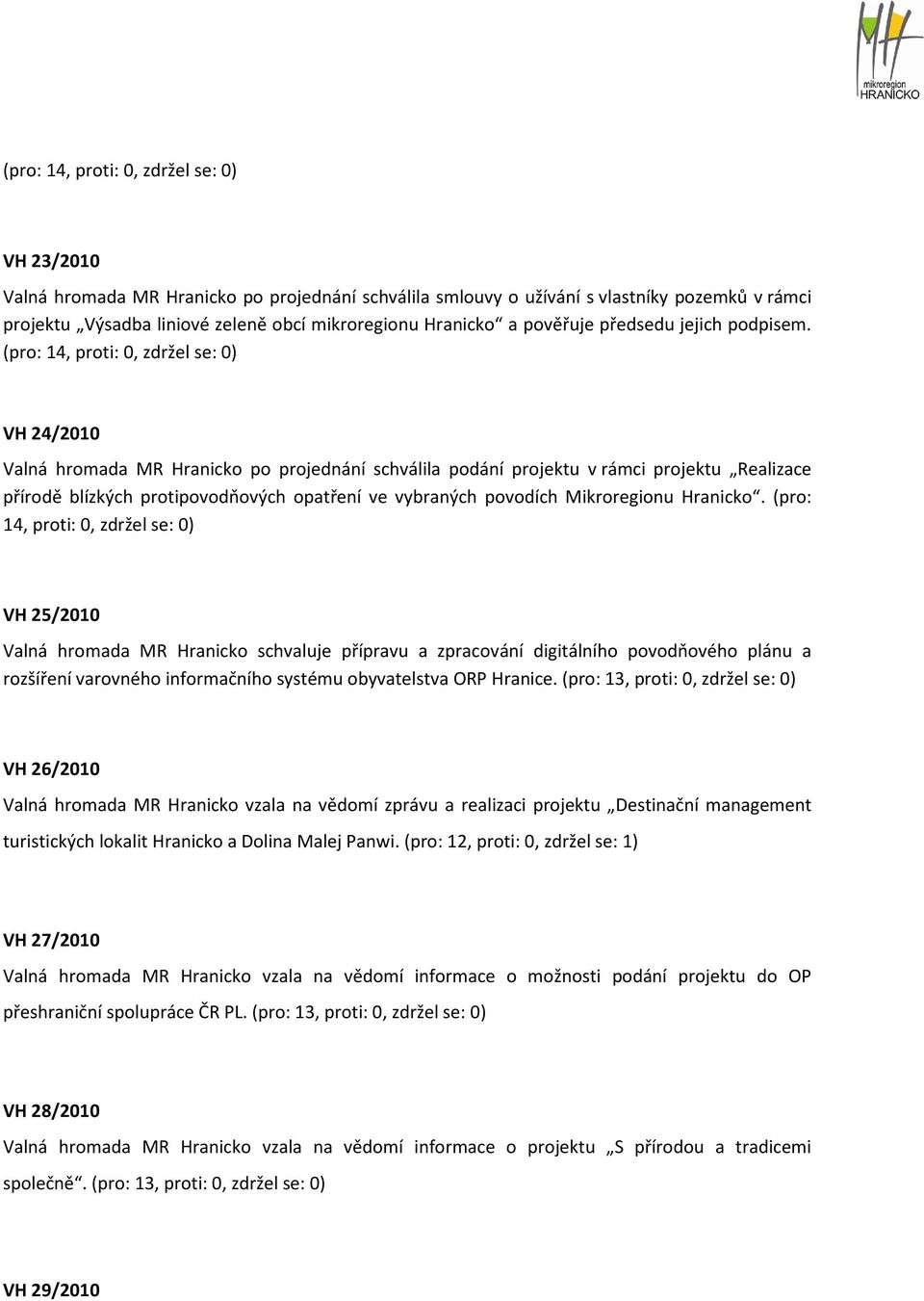 (pro: 14, proti: 0, zdržel se: 0) VH 24/2010 Valná hromada MR Hranicko po projednání schválila podání projektu v rámci projektu Realizace přírodě blízkých protipovodňových opatření ve vybraných