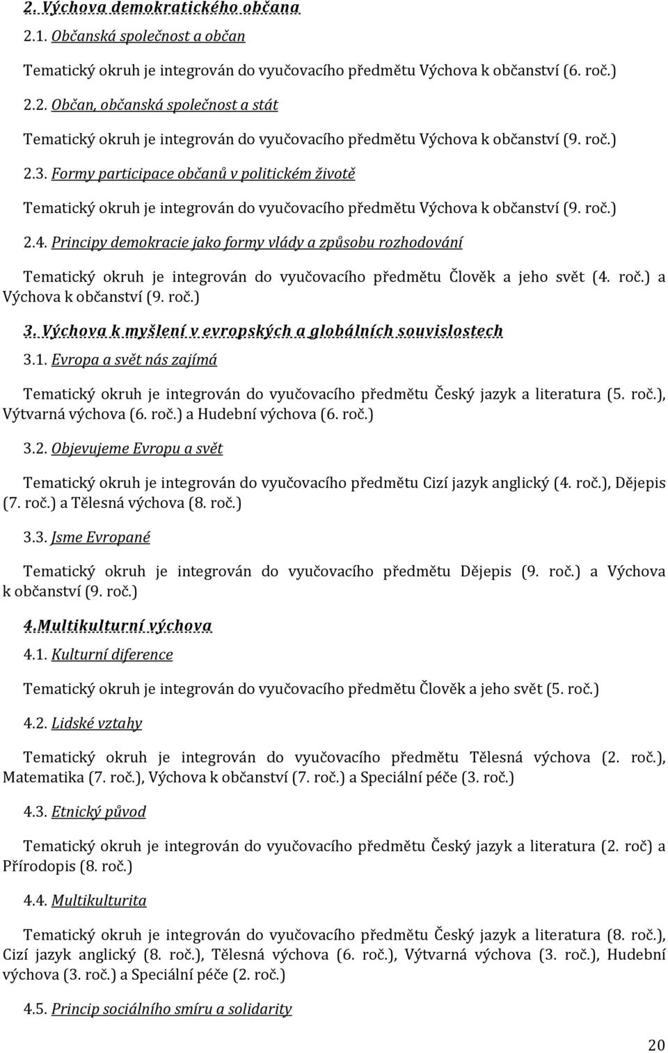 Principy demokracie jako formy vlády a způsobu rozhodování Tematický okruh je integrován do vyučovacího předmětu Člověk a jeho svět (4. roč.) a Výchova k občanství (9. roč.) 3.