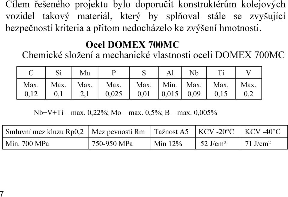 Ocel DOMEX 700MC Chemické složení a mechanické vlastnosti oceli DOMEX 700MC C Si Mn P S Al Nb Ti V Max. 0,12 Max. 0,1 Max. 2,1 Max.