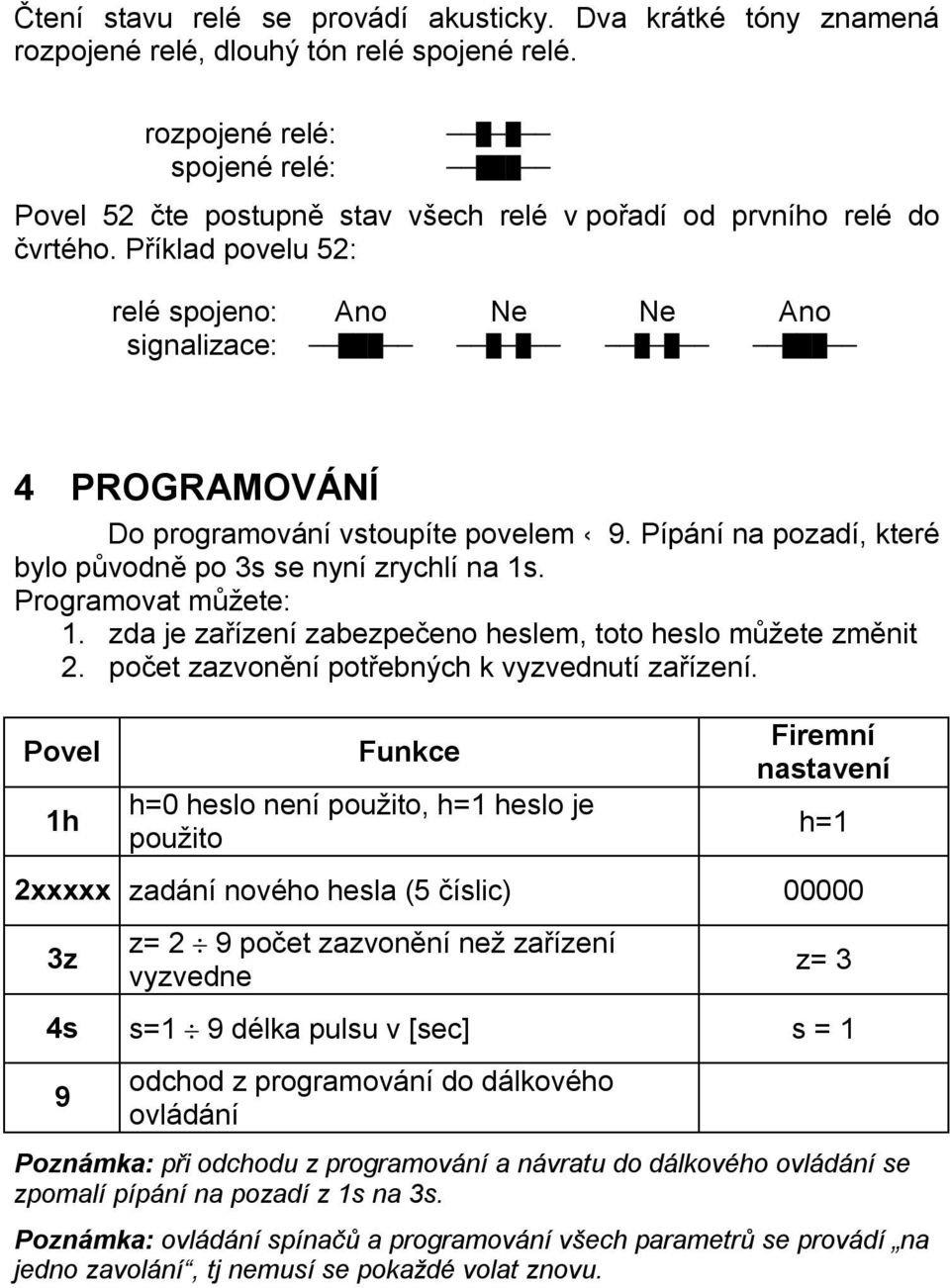 Příklad povelu 52: relé spojeno: Ano Ne Ne Ano signalizace: 4 PROGRAMOVÁNÍ Do programování vstoupíte povelem 9. Pípání na pozadí, které bylo původně po 3s se nyní zrychlí na 1s. Programovat můžete: 1.