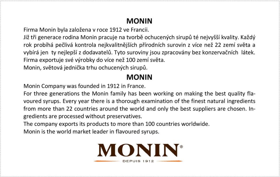 Firma exportuje své výrobky do více než 100 zemí světa. Monin, světová jednička trhu ochucených sirupů. MONIN Monin Company was founded in 1912 in France.