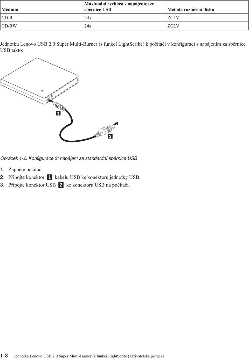 Konfigurace 2: napájení ze standardní sběrnice USB 1. Zapněte počítač. 2. Připojte konektor 1 kabelu USB ke konektoru jednotky USB.