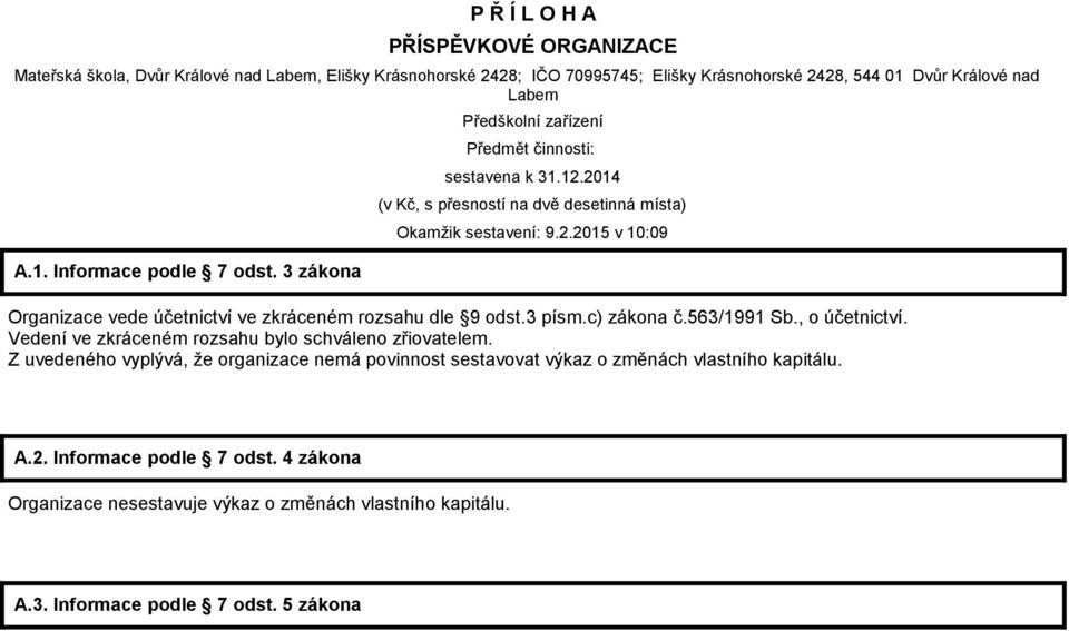 3 písm.c) zákona č.563/1991 Sb., o účetnictví. Vedení ve zkráceném rozsahu bylo schváleno zřiovatelem.