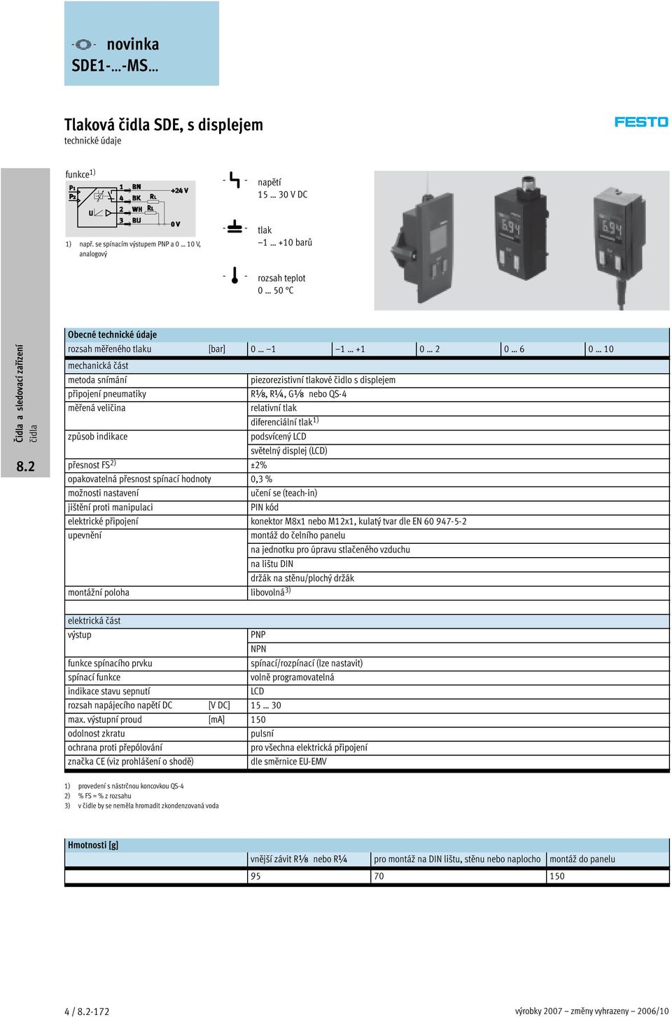 displejem připojení pneumatiky Rx,R¼,Gx nebo QS-4 měřená veličina relativní tlak diferenciální tlak 1) způsob indikace podsvícený LCD světelný displej (LCD) přesnost FS 2) ±2% opakovatelná přesnost