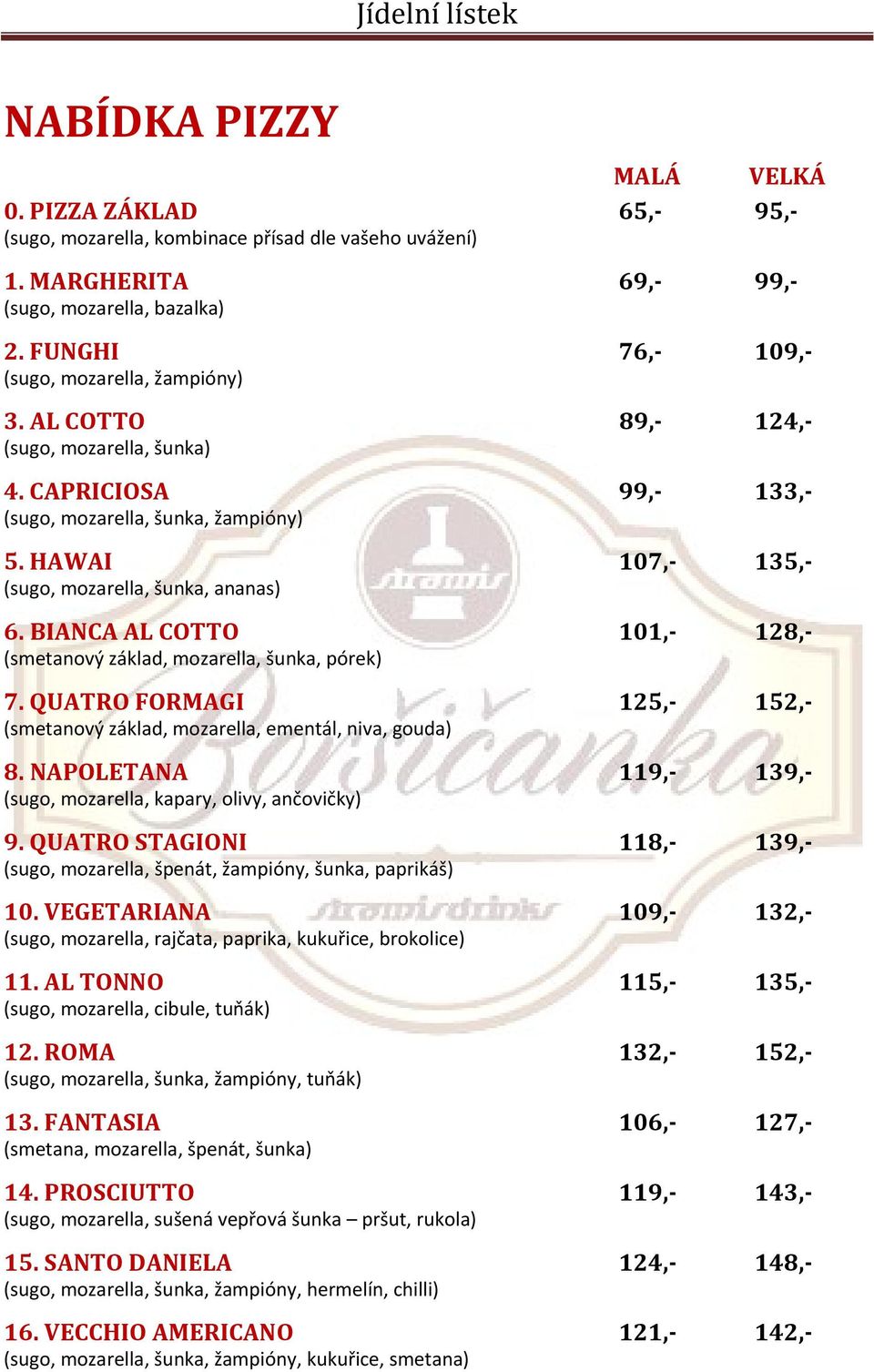 HAWAI 107,- 135,- (sugo, mozarella, šunka, ananas) 6. BIANCA AL COTTO 101,- 128,- (smetanový základ, mozarella, šunka, pórek) 7.