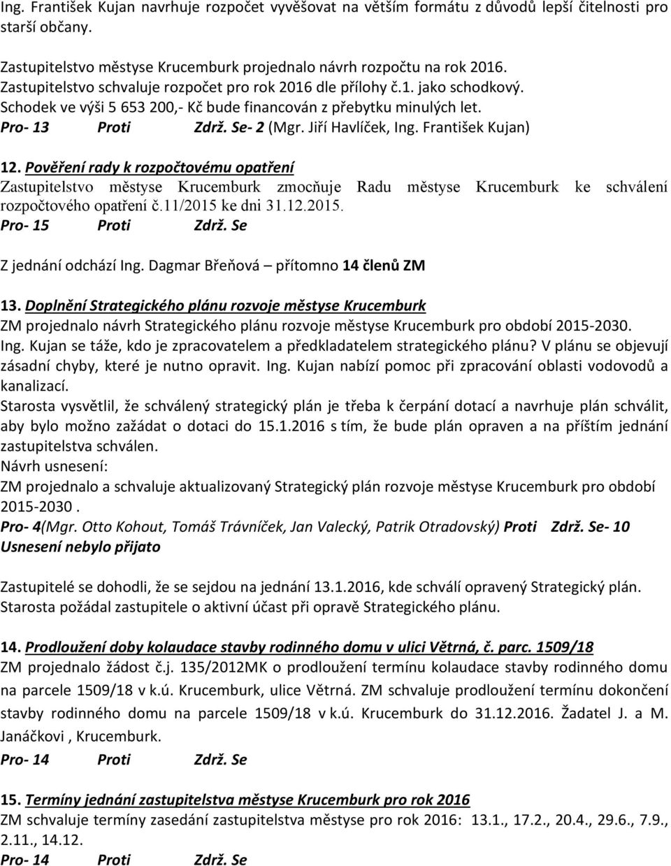 Jiří Havlíček, Ing. František Kujan) 12. Pověření rady k rozpočtovému opatření Zastupitelstvo městyse Krucemburk zmocňuje Radu městyse Krucemburk ke schválení rozpočtového opatření č.