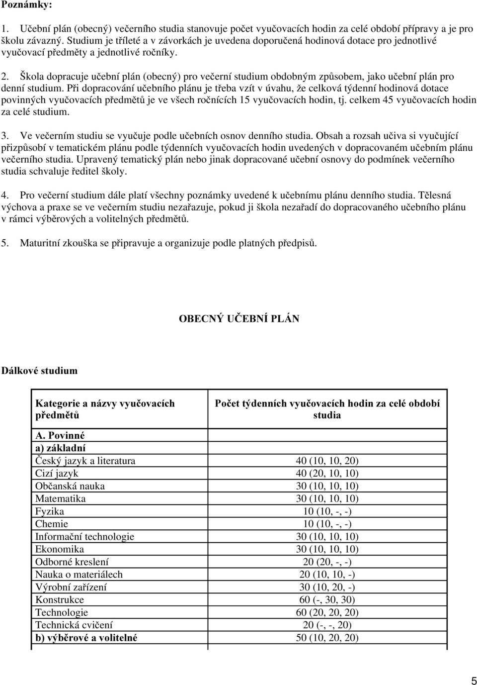 Škola dopracuje uþební plán (obecný) pro veþerní studium obdobným zp sobem, jako uþební plán pro denní studium.