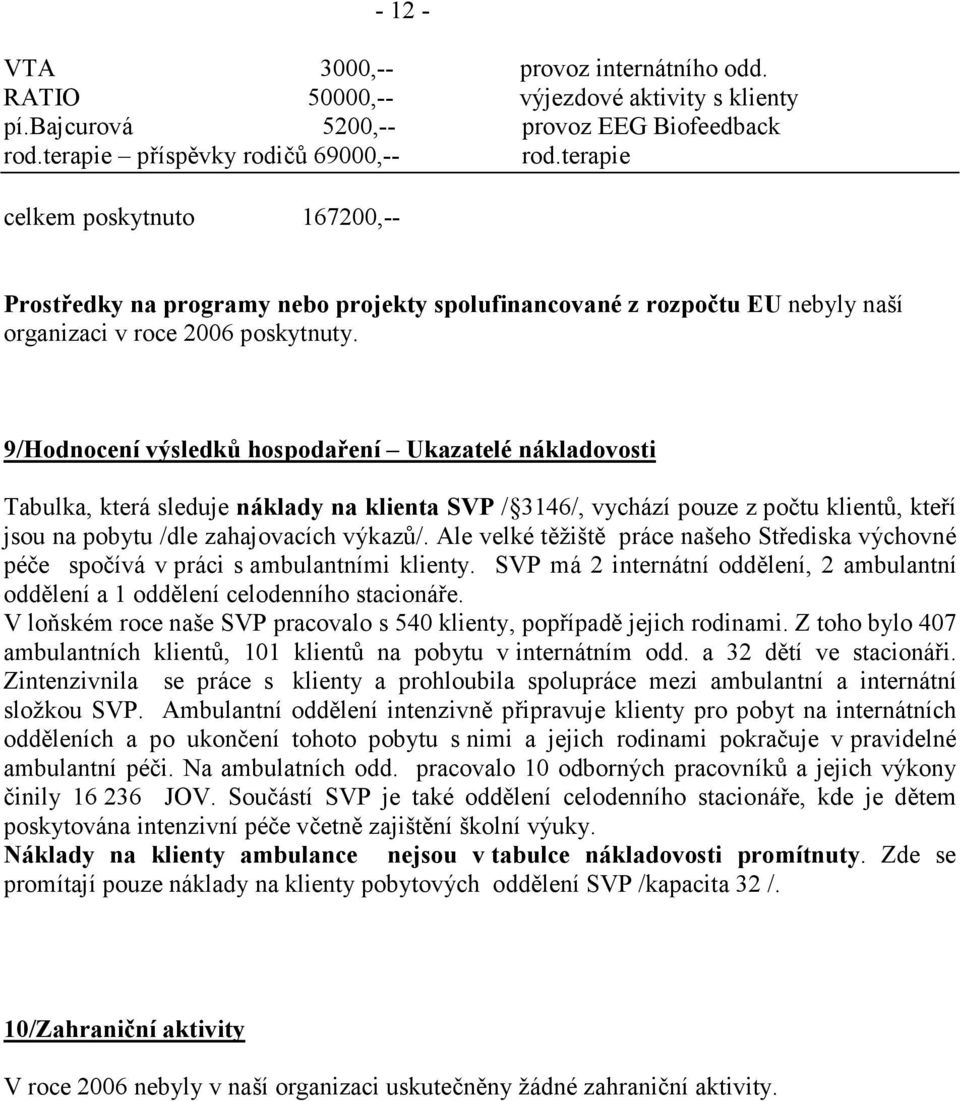 9/Hodnocení výsledků hospodaření Ukazatelé nákladovosti Tabulka, která sleduje náklady na klienta SVP / 3146/, vychází pouze z počtu klientů, kteří jsou na pobytu /dle zahajovacích výkazů/.