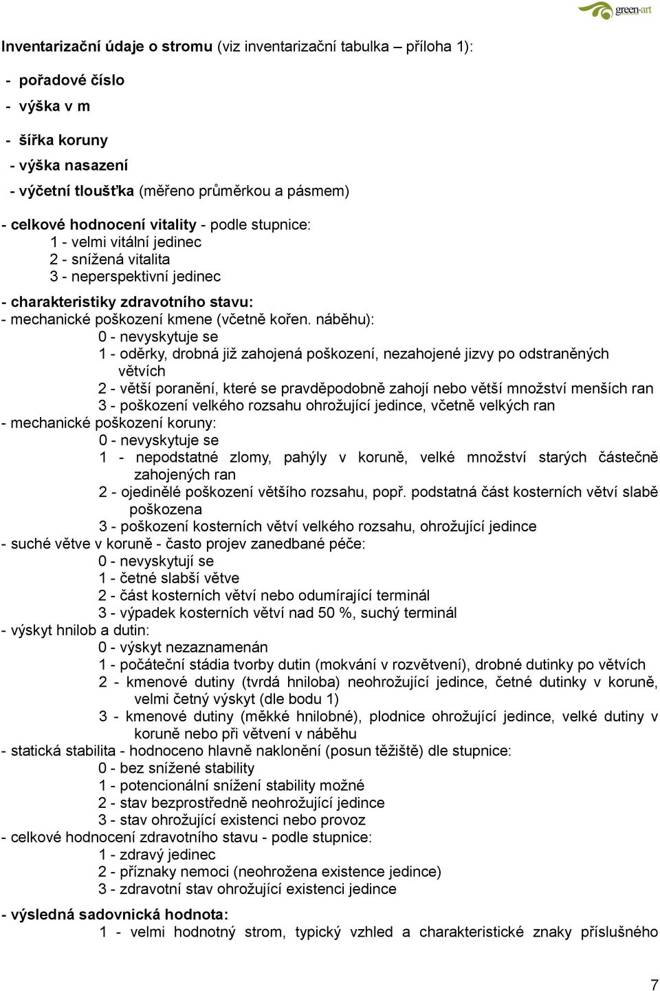 náběhu): 0 - nevyskytuje se 1 - oděrky, drobná již zahojená poškození, nezahojené jizvy po odstraněných větvích 2 - větší poranění, které se pravděpodobně zahojí nebo větší množství menších ran 3 -