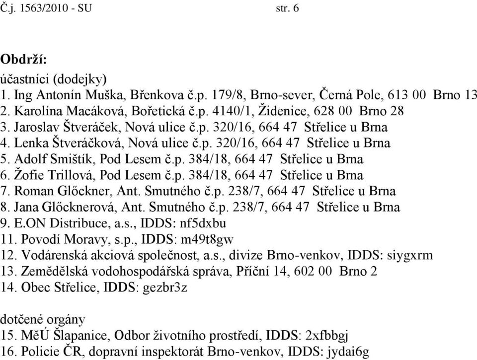 Ţofie Trillová, Pod Lesem č.p. 384/18, 664 47 Střelice u Brna 7. Roman Glőckner, Ant. Smutného č.p. 238/7, 664 47 Střelice u Brna 8. Jana Glőcknerová, Ant. Smutného č.p. 238/7, 664 47 Střelice u Brna 9.