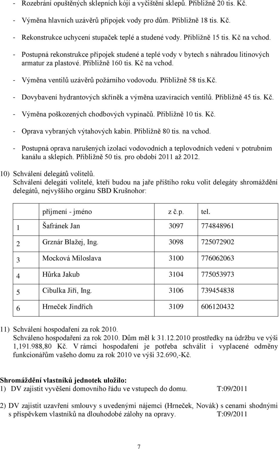 Přibližně 58 tis.kč. - Dovybavení hydrantových skříněk a výměna uzavíracích ventilů. Přibližně 45 tis. Kč. - Výměna poškozených chodbových vypínačů. Přibližně 10 tis. Kč. - Oprava vybraných výtahových kabin.