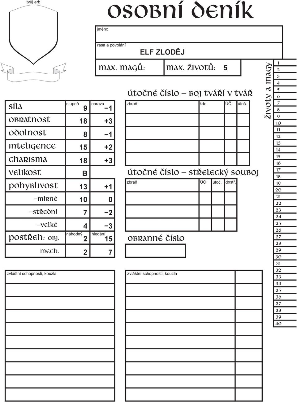 magů: zbraò ELF ZLODĚJ max. životů: útočné číslo boj tváří v tvář útočné číslo střelecký souboj obranné číslo ÚÈ útoè. dostř.