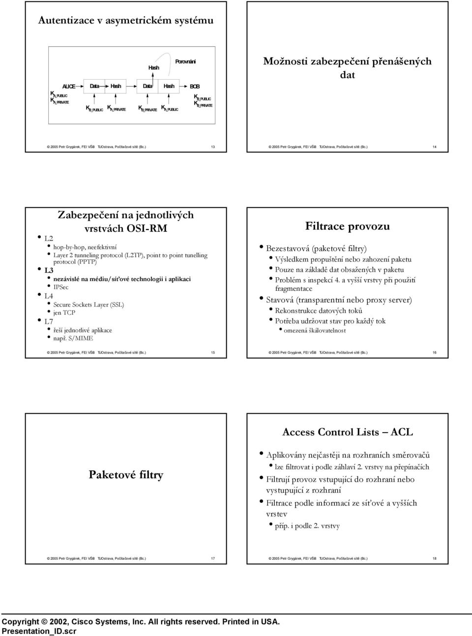 technologii i aplikaci IPSec L4 Secure Sockets Layer (SSL) jen TCP L7 řeší jednotlivé aplikace např.