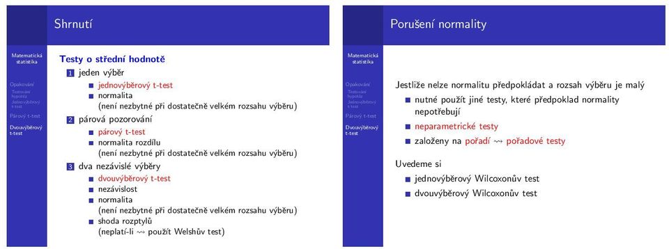 dostatečně velkém rozsahu výběru) shoda rozptylů (neplatí-li použít Welshův test) Párový Jestliže nelze normalitu předpokládat a rozsah výběru je malý nutné použít