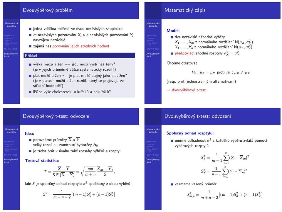 ..,Yn z normálního rozdělení N(µY,σ 2 Y ) Příklad předpoklad: shodné rozptyly σ 2 X = σ2 Y výška mužů a žen jsou muži vyšší než ženy? (je v jejich průměrné výšce systematický rozdíl?