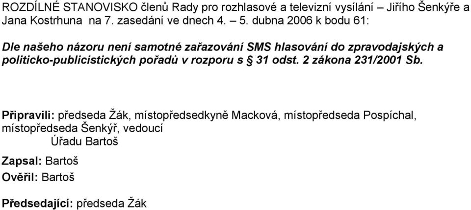 dubna 2006 k bodu 61: Dle našeho názoru není samotné zařazování SMS hlasování do zpravodajských a