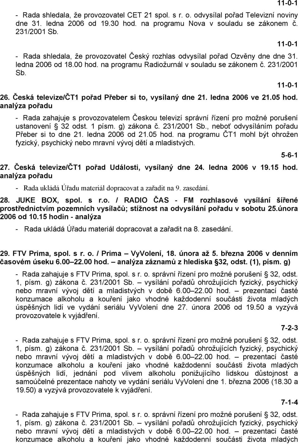 Česká televize/čt1 pořad Přeber si to, vysílaný dne 21. ledna 2006 ve 21.05 hod. analýza pořadu - Rada zahajuje s provozovatelem Českou televizí správní řízení pro možné porušení ustanovení 32 odst.