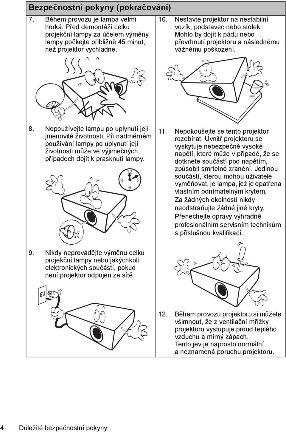Nepoužívejte lampu po uplynutí její jmenovité životnosti. Při nadměrném používání lampy po uplynutí její životnosti může ve výjimečných případech dojít k prasknutí lampy. 11.