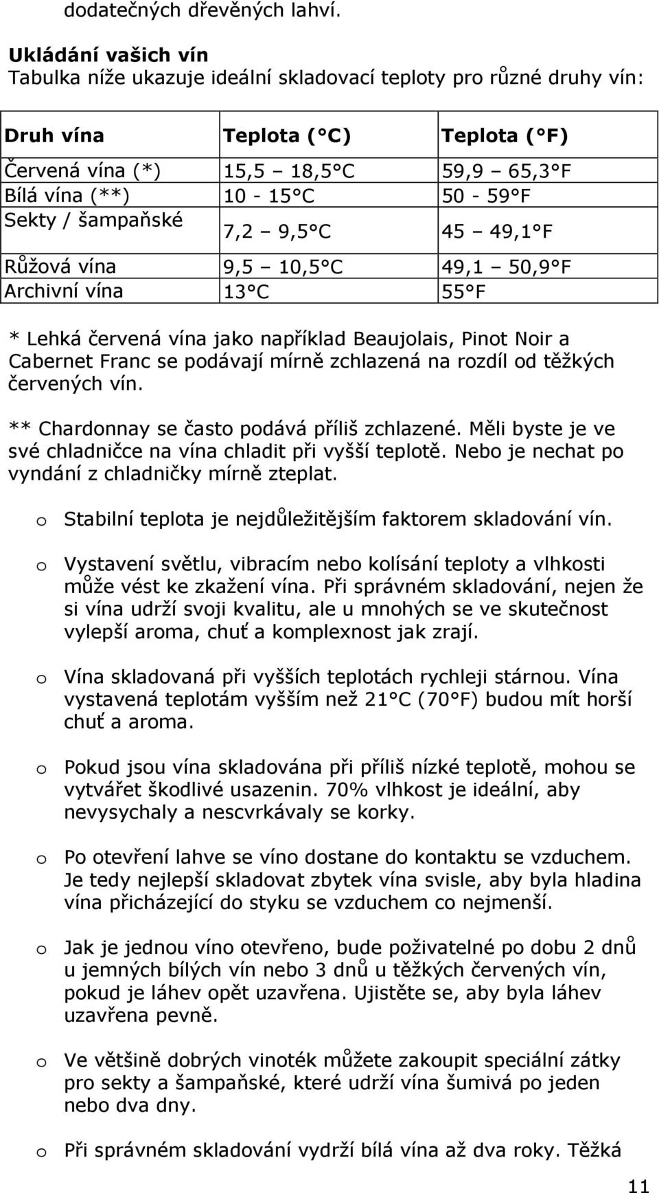 Sekty / šampaňské 7,2 9,5 C 45 49,1 F Růžová vína 9,5 10,5 C 49,1 50,9 F Archivní vína 13 C 55 F * Lehká červená vína jako například Beaujolais, Pinot Noir a Cabernet Franc se podávají mírně