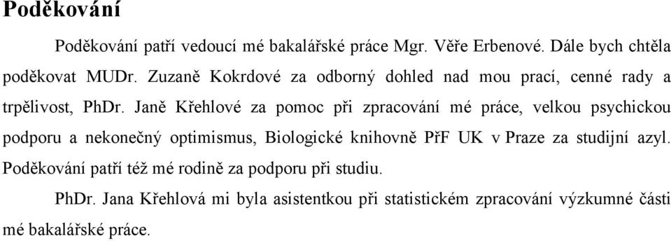 Janě Křehlové za pomoc při zpracování mé práce, velkou psychickou podporu a nekonečný optimismus, Biologické knihovně PřF UK