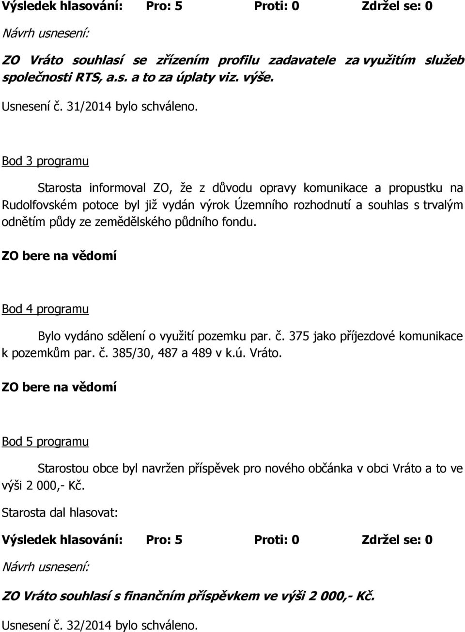 zemědělského půdního fondu. ZO bere na vědomí Bod 4 programu Bylo vydáno sdělení o využití pozemku par. č. 375 jako příjezdové komunikace k pozemkům par. č. 385/30, 487 a 489 v k.ú. Vráto.