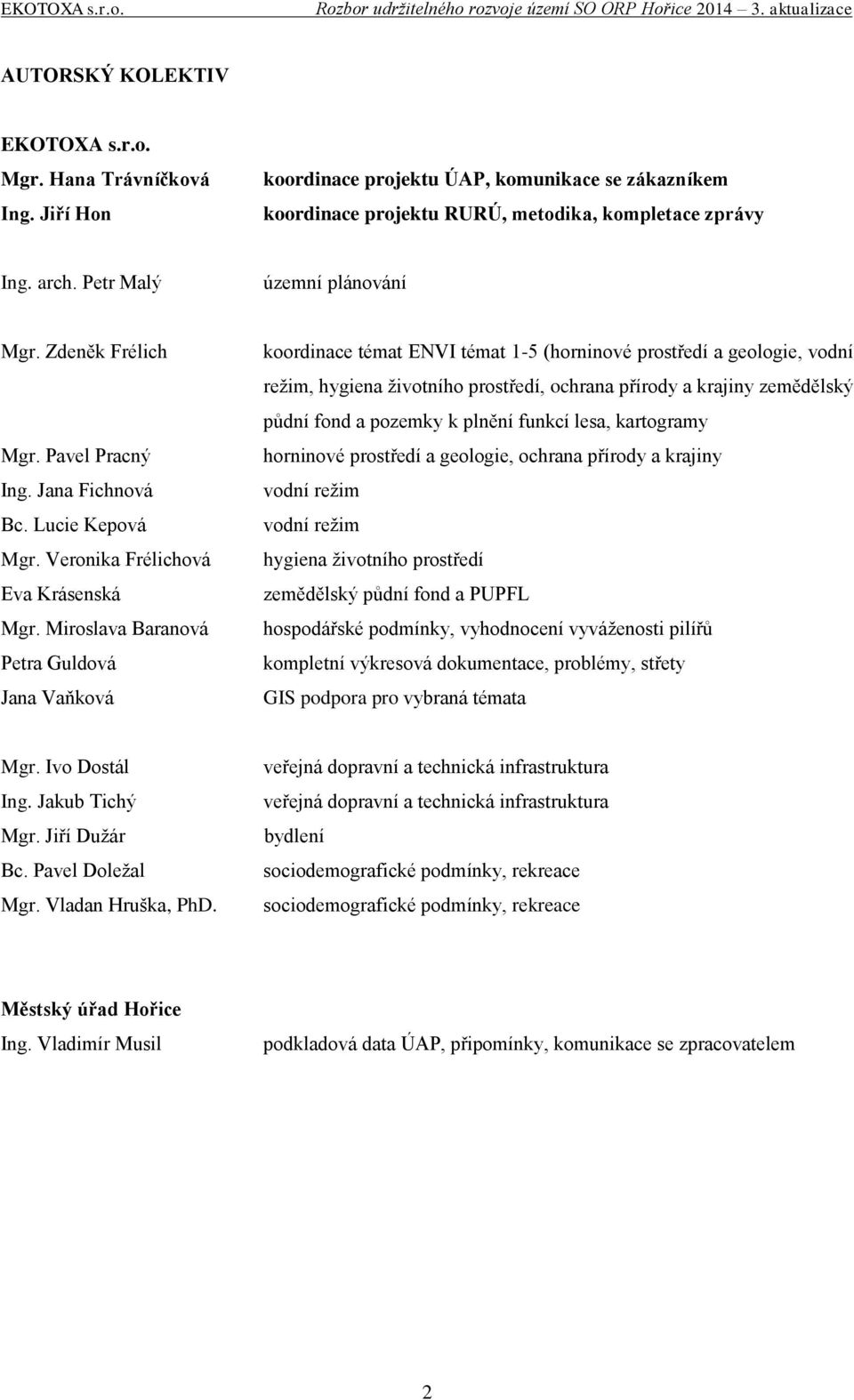 Miroslava Baranová Petra Guldová Jana Vaňková koordinace témat ENVI témat 1-5 (horninové prostředí a geologie, vodní režim, hygiena životního prostředí, ochrana přírody a krajiny zemědělský půdní