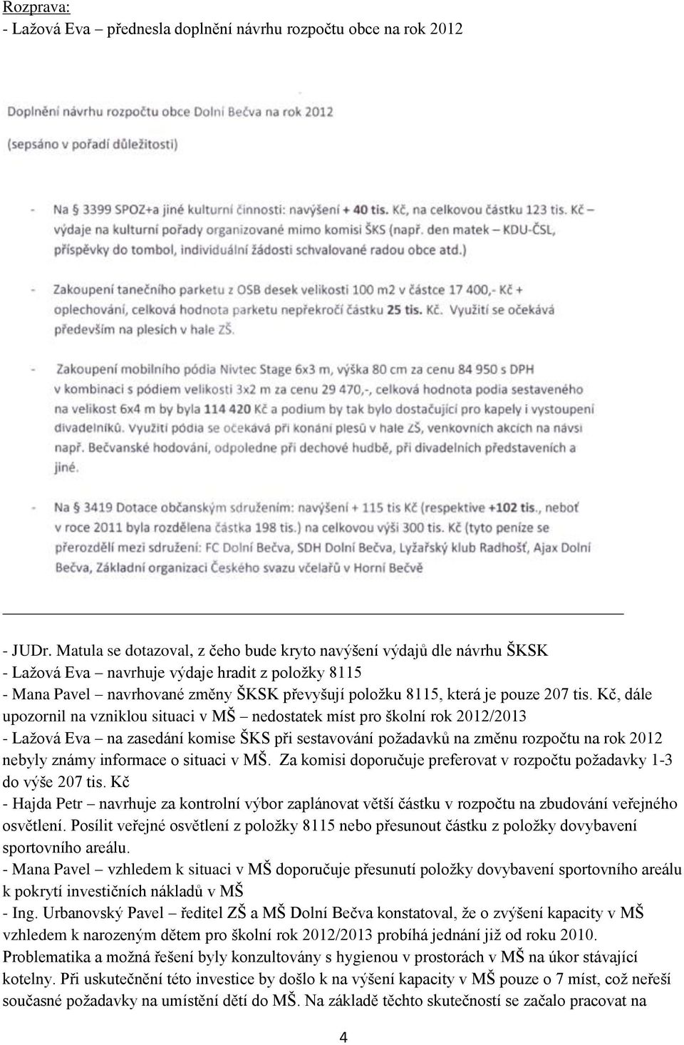 tis. Kč, dále upozornil na vzniklou situaci v MŠ nedostatek míst pro školní rok 2012/2013 - Laţová Eva na zasedání komise ŠKS při sestavování poţadavků na změnu rozpočtu na rok 2012 nebyly známy