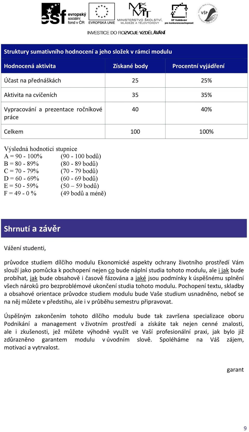 49-0 % (49 bodů a méně) Shrnutí a závěr Vážení studenti, průvodce studiem dílčího modulu Ekonomické aspekty ochrany životního prostředí Vám slouží jako pomůcka k pochopení nejen co bude náplní studia