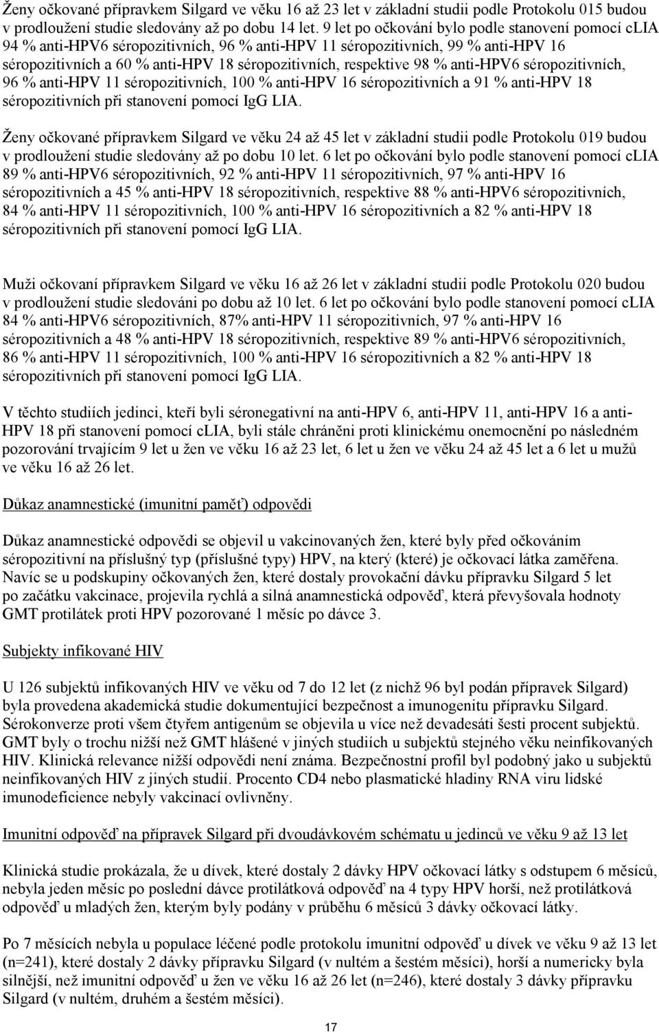 % anti-hpv6 séropozitivních, 96 % anti-hpv 11 séropozitivních, 100 % anti-hpv 16 séropozitivních a 91 % anti-hpv 18 séropozitivních při stanovení pomocí IgG LIA.