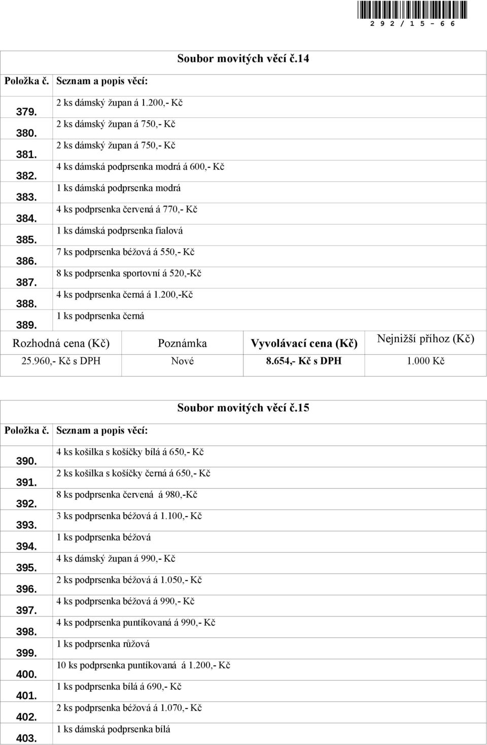 4 ks podprsenka černá á 1.200,-Kč 389. 1 ks podprsenka černá 25.960,- Kč s DPH Nové 8.654,- Kč s DPH 1.000 Kč Soubor movitých věcí č.15 390. 391. 392. 393. 394. 395. 396. 397. 398. 399. 400. 401. 402.