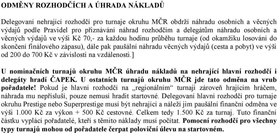 200 do 700 Kč v závislosti na vzdálenosti.] U nominačních turnajů okruhu MČR úhradu nákladů na nehrající hlavní rozhodčí i delegáty hradí ČAPEK.