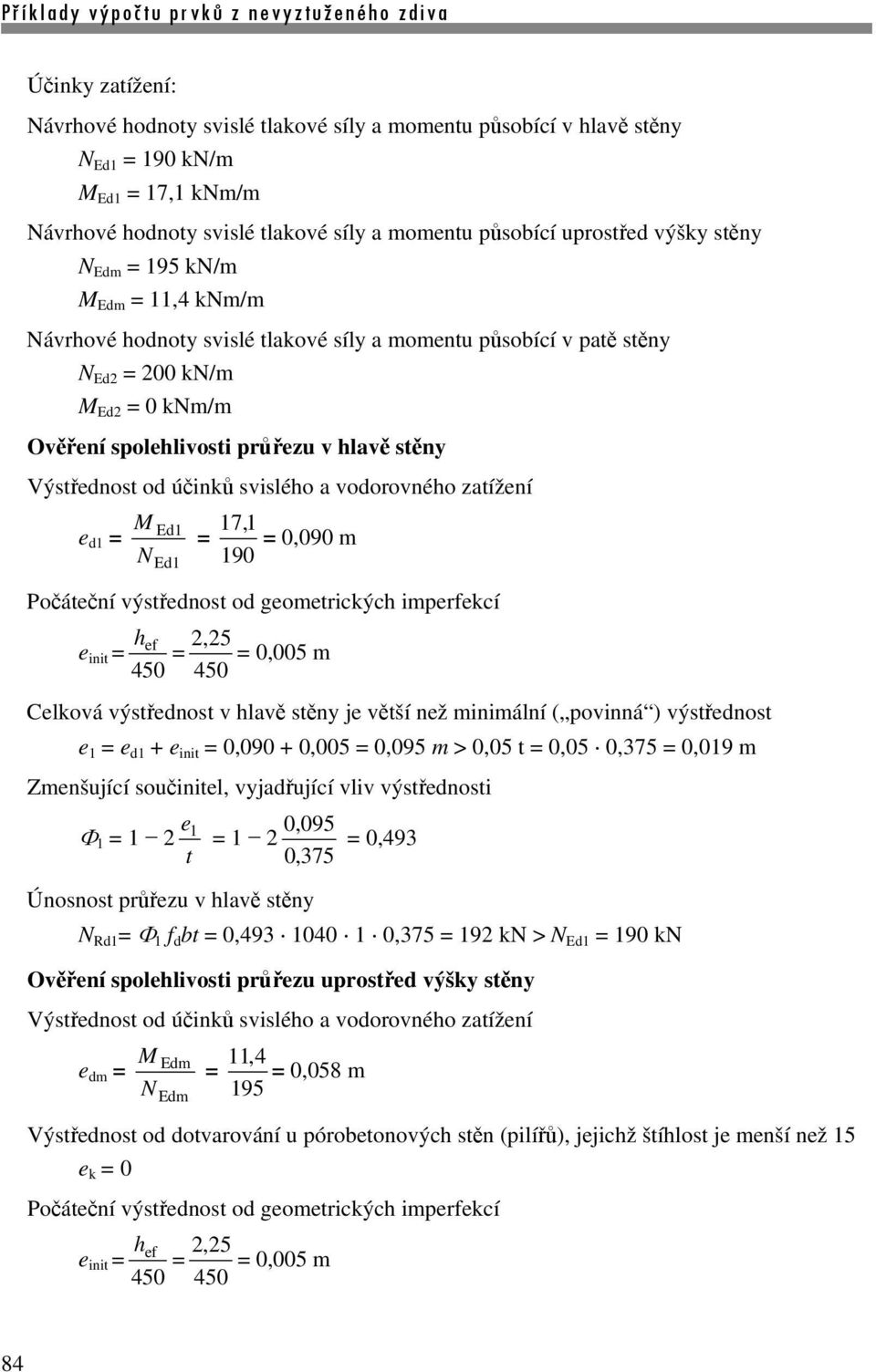 Ed1 17, 1 0,090 m 190 Počáeční výsřednos od geomerickýc imperfekcí e ini 450 2,25 0,005 m 450 Celková výsřednos v lavě sěny je věší než minimální ( povinná ) výsřednos e 1 e d1 + e ini 0,090 + 0,005
