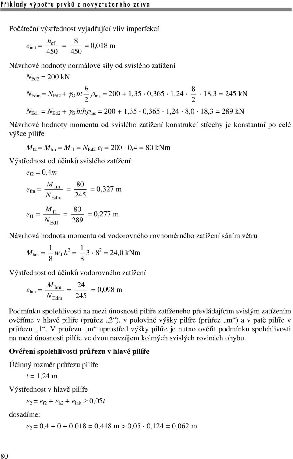 účinků svisléo zaížení e f2 0,4m fm 80 e fm 0,327 m N 245 Edm e f1 f1 NEd1 289 80 0,277 m Návrová odnoa momenu od vodorovnéo rovnoměrnéo zaížení sáním věru m 8 1 wd 2 8 1 3 8 2 24,0 knm Výsřednos od