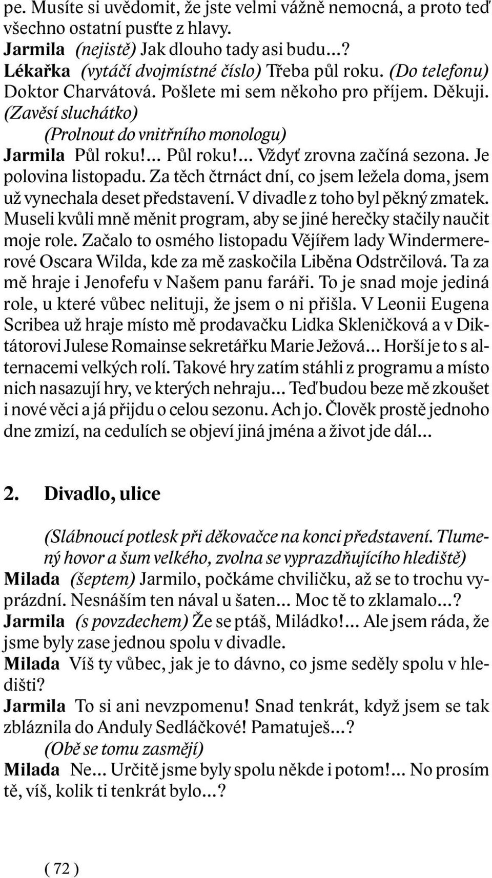 Za tìch ètrnáct dní, co jsem ležela doma, jsem už vynechala deset pøedstavení. V divadle z toho byl pìkný zmatek. Museli kvùli mnì mìnit program, aby se jiné hereèky staèily nauèit moje role.