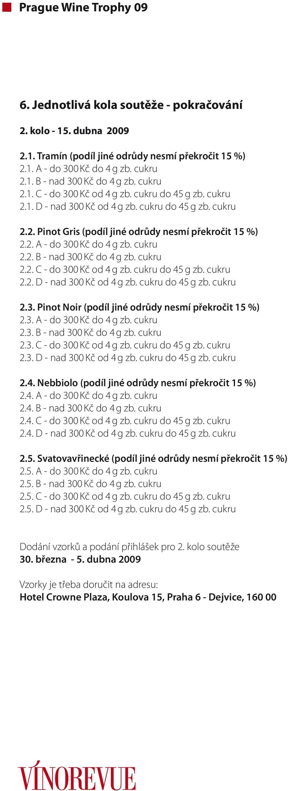 cukru 2.2. C - do 300 Kč od 4 g zb. cukru do 45 g zb. cukru 2.2. D - nad 300 Kč od 4 g zb. cukru do 45 g zb. cukru 2.3. Pinot Noir (podíl jiné odrůdy nesmí překročit 15 %) 2.3. A - do 300 Kč do 4 g zb.