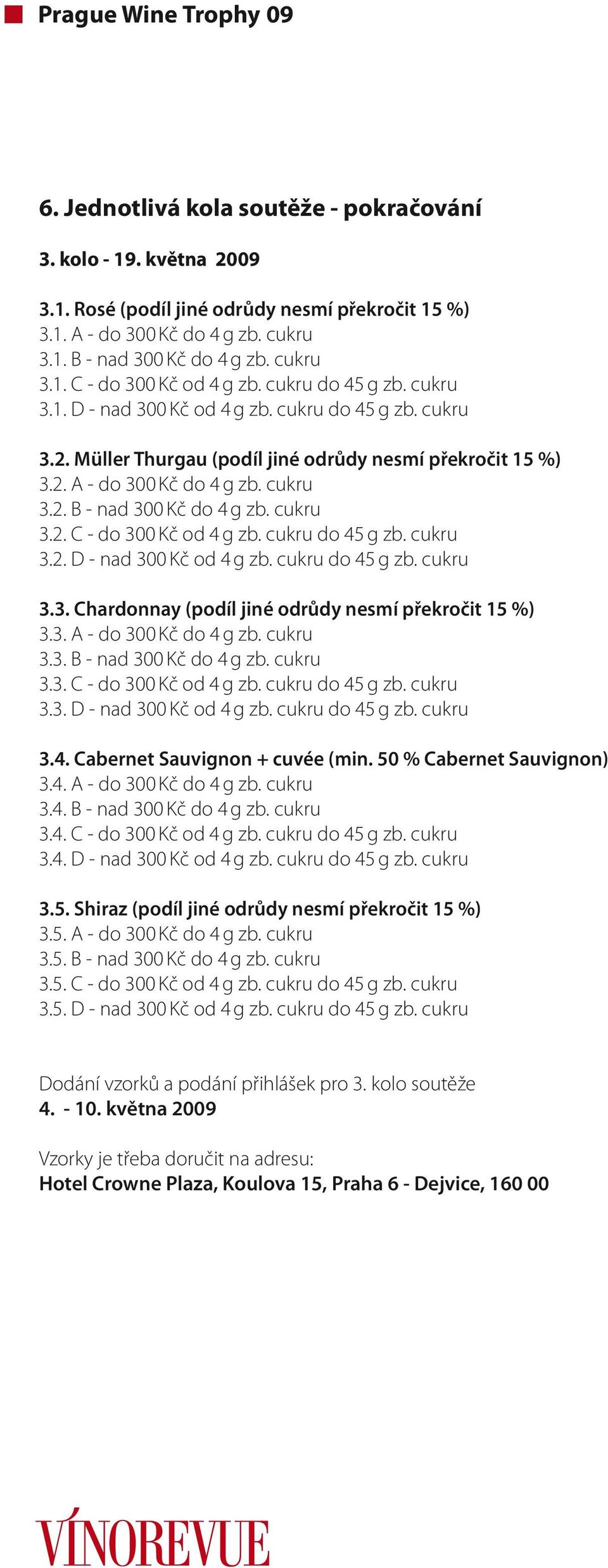 cukru 3.2. C - do 300 Kč od 4 g zb. cukru do 45 g zb. cukru 3.2. D - nad 300 Kč od 4 g zb. cukru do 45 g zb. cukru 3.3. Chardonnay (podíl jiné odrůdy nesmí překročit 15 %) 3.3. A - do 300 Kč do 4 g zb.