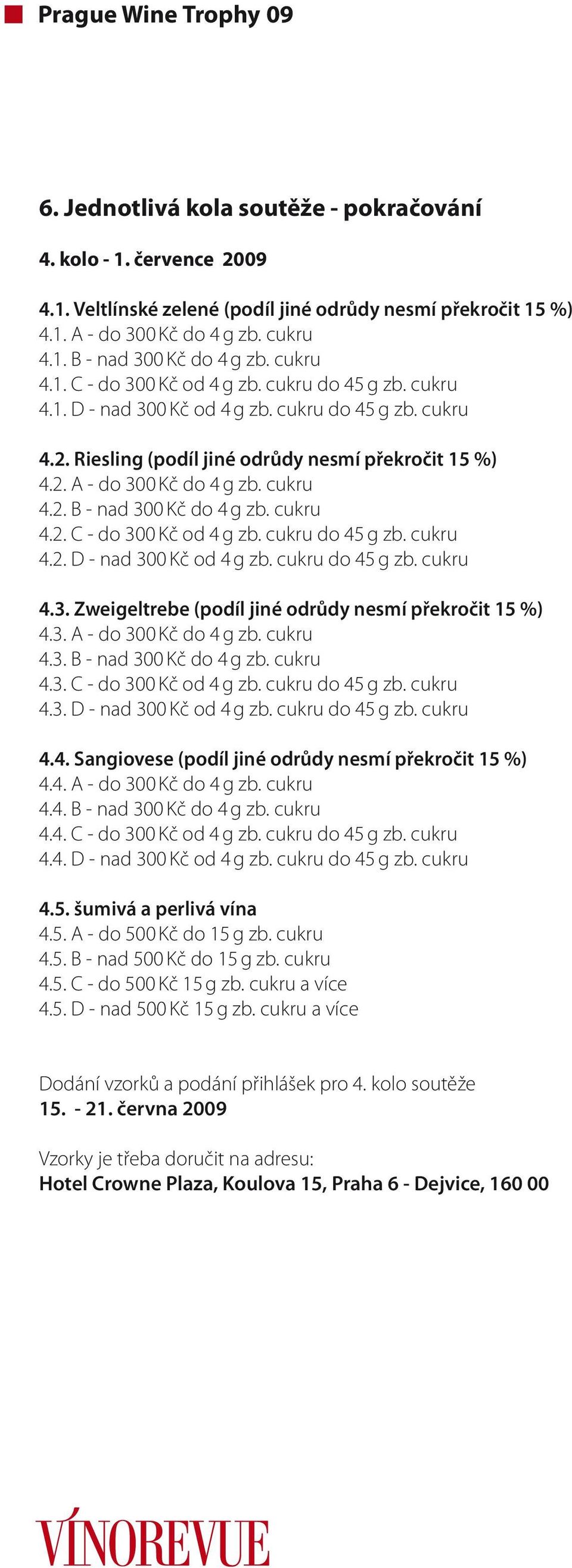 cukru 4.2. B - nad 300 Kč do 4 g zb. cukru 4.2. C - do 300 Kč od 4 g zb. cukru do 45 g zb. cukru 4.2. D - nad 300 Kč od 4 g zb. cukru do 45 g zb. cukru 4.3. Zweigeltrebe (podíl jiné odrůdy nesmí překročit 15 %) 4.