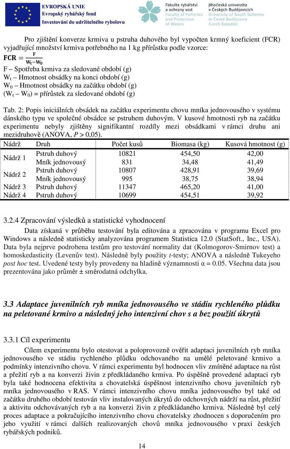 2: Popis iniciálních obsádek na začátku experimentu chovu mníka jednovousého v systému dánského typu ve společné obsádce se pstruhem duhovým.