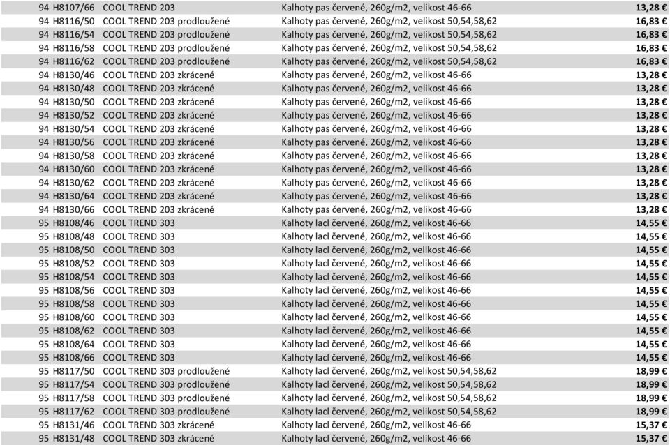 prodloužené Kalhoty pas červené, 260g/m2, velikost 50,54,58,62 16,83 94 H8130/46 COOL TREND 203 zkrácené Kalhoty pas červené, 260g/m2, velikost 46-66 13,28 94 H8130/48 COOL TREND 203 zkrácené Kalhoty