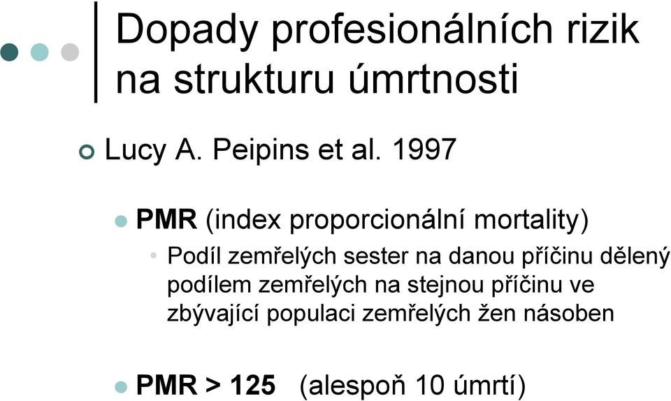 1997 PMR (index proporcionální mortality) Podíl zemřelých sester na