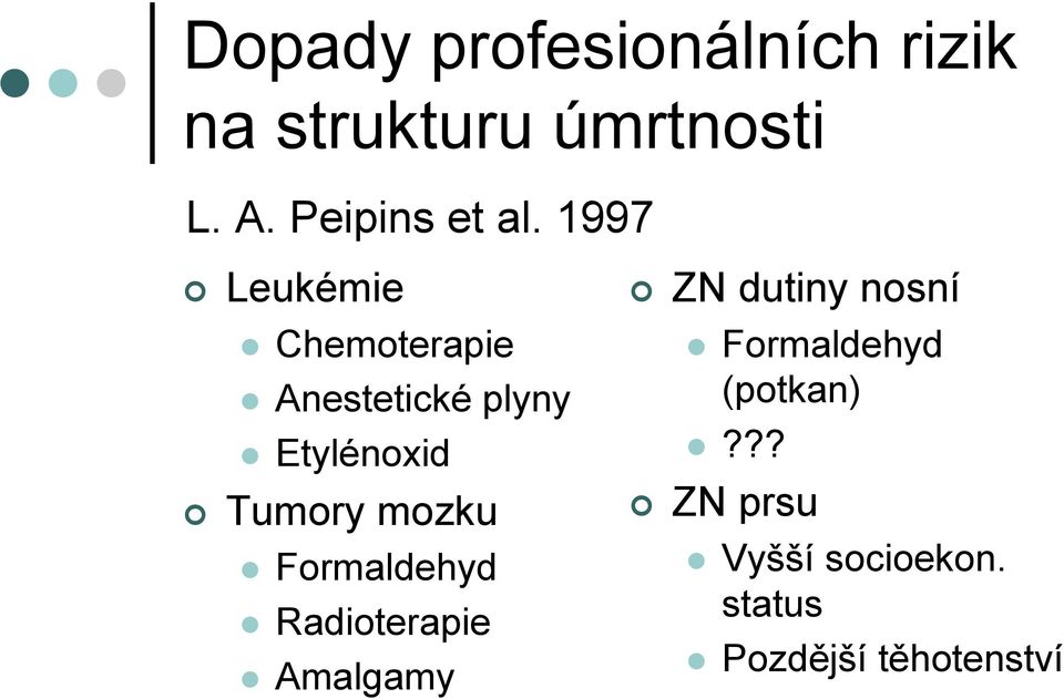 1997 Leukémie Chemoterapie Anestetické plyny Etylénoxid Tumory