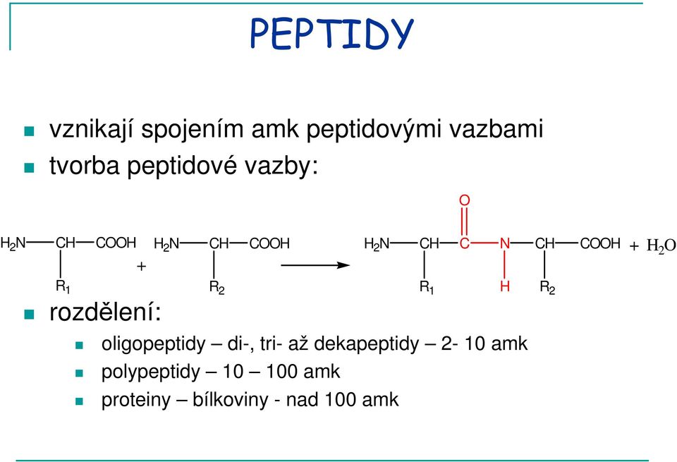 rozdělení: + R 2 R 1 oligopeptidy di-, tri- až dekapeptidy 2-10